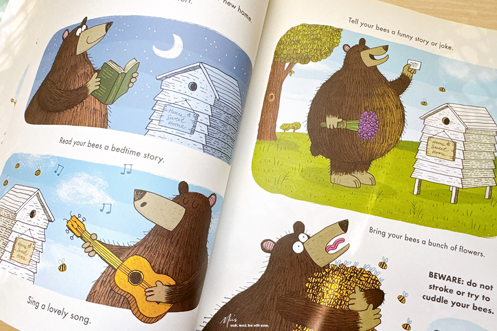幽默科普繪本|A Bear’s Guide to Beekeeping 當熊想養蜜蜂會發生什麼事?假裝正經的養蜂手冊,令人捧部大笑的災難現場 - 第8張圖 幽默科普繪本|A Bear’s Guide to Beekeeping 當熊想養蜜蜂會發生什麼事?假裝正經的養蜂手冊,令人捧部大笑的災難現場