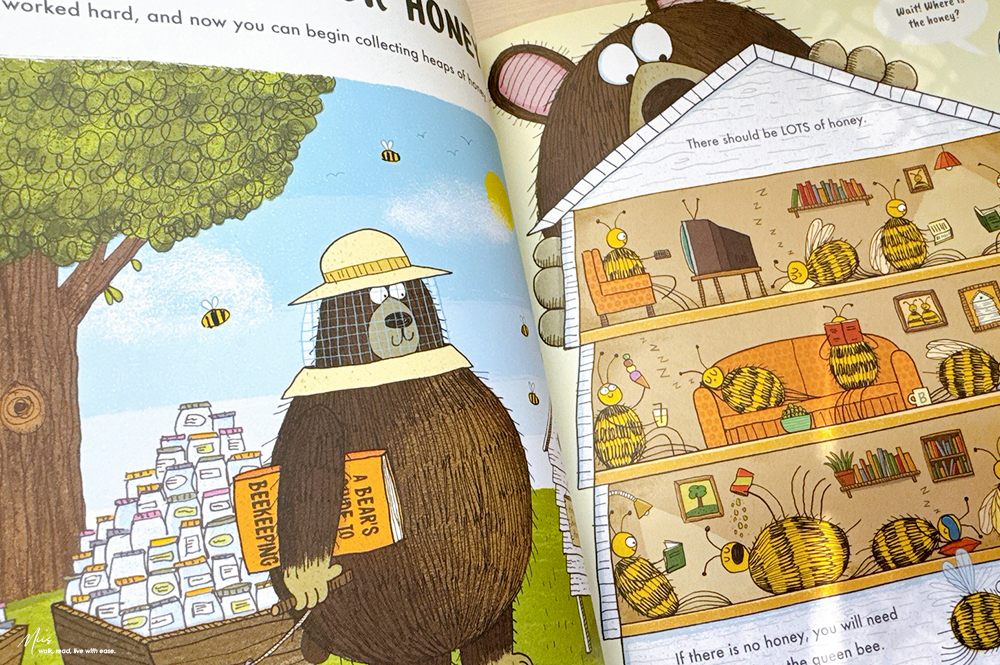 幽默科普繪本|A Bear’s Guide to Beekeeping 當熊想養蜜蜂會發生什麼事?假裝正經的養蜂手冊,令人捧部大笑的災難現場 - 第9張圖 幽默科普繪本|A Bear’s Guide to Beekeeping 當熊想養蜜蜂會發生什麼事?假裝正經的養蜂手冊,令人捧部大笑的災難現場