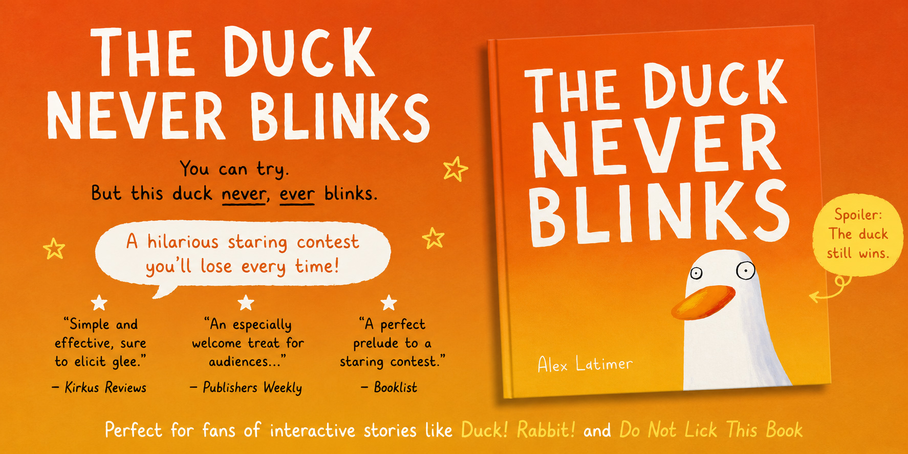 The Duck Never Blinks|這隻鴨子真的不眨眼?一場無厘頭的眨眼大賽,快速建立閱讀信心的互動式繪本 - 第1張圖 The Duck Never Blinks|這隻鴨子真的不眨眼?一場無厘頭的眨眼大賽,快速建立閱讀信心的互動式繪本
